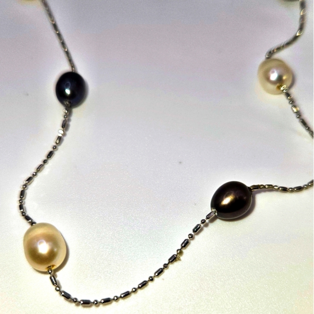 Black & White Freshwater Pearl Station Necklace 36in. Rodium Finish Chain - Picture 5 of 9